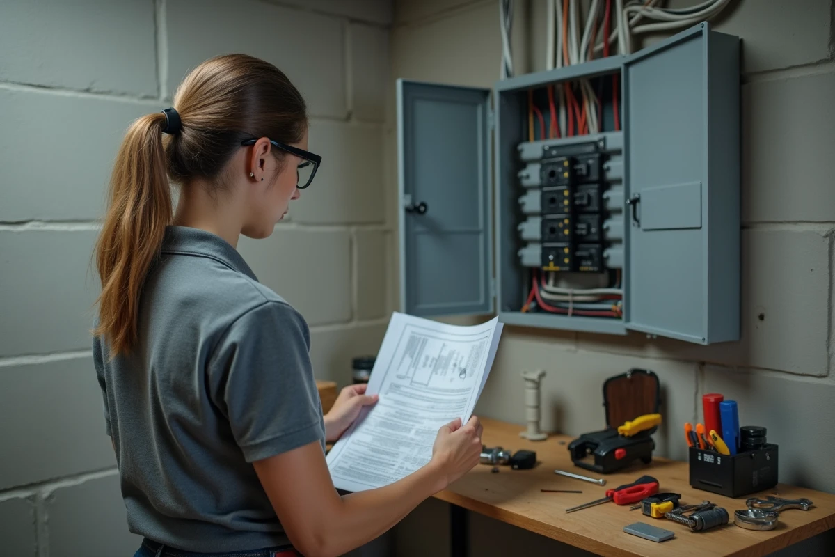 Femme électricienne consultant un schéma de câblage devant un tableau électrique dans un sous-sol résidentiel