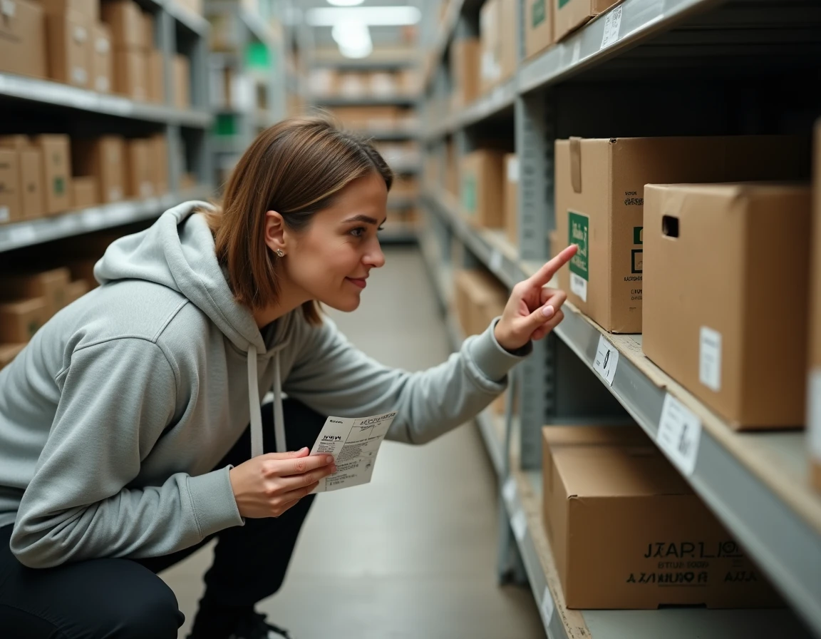 Une femme examine attentivement une étiquette de prix dans un magasin bricolage discount pour détecter un faux bon plan
