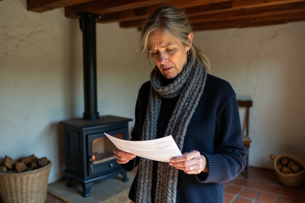Femme consultant sa facture de chauffage au bois devant un poêle à bûches dans un intérieur rustique français