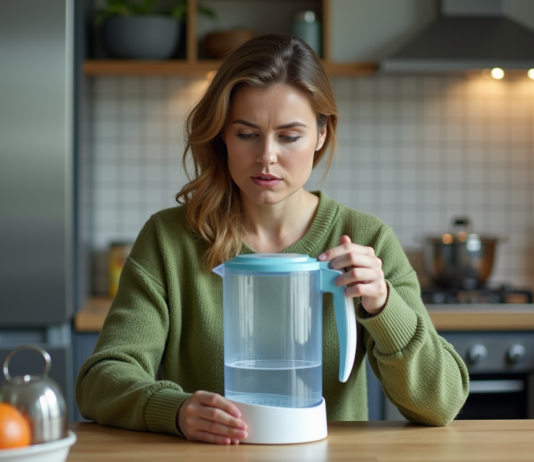 Filtre à eau Brita : pourquoi le déconseille-t-on ? Femme examinant un filtre à eau dans la cuisine moderne