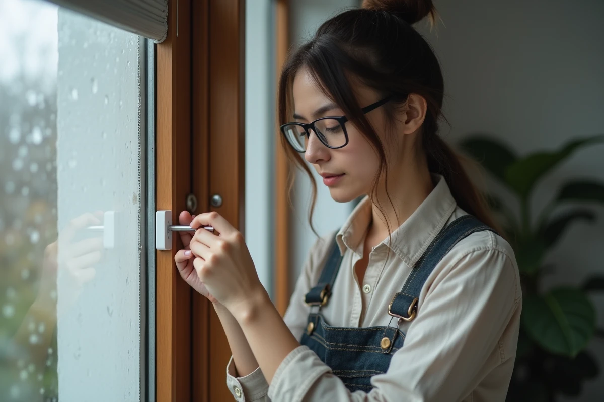Jeune femme répare un interrupteur de volet intérieur dans un salon