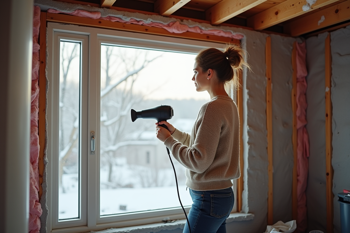 Jeune femme scellant une fenetre de sous-sol avec film plastique