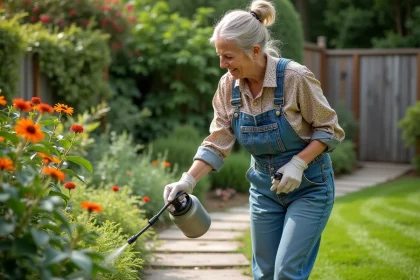 Femme en vêtements de jardinage vaporisant un désherbant naturel
