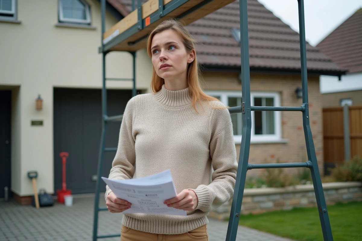 Jeune femme avec échafaudage et manuel de rénovation