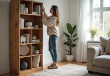 Meuble : astuces pour le placer sans fixer au mur sans percer Femme ajustant une grande bibliothèque dans un salon lumineux