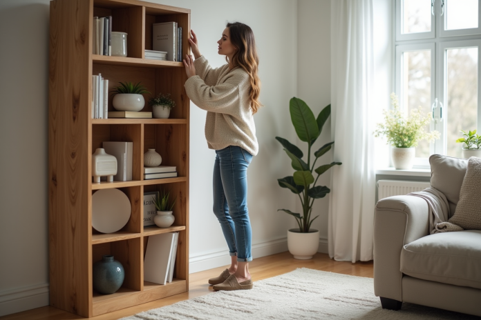 femme-lecture-salon Femme ajustant une grande bibliothèque dans un salon lumineux
