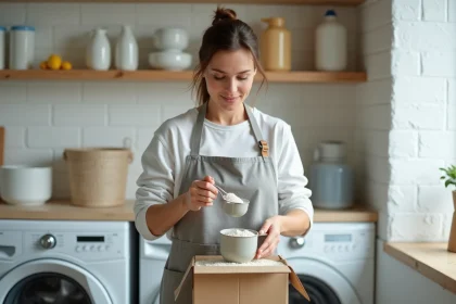 Femme versant de la lessive en poudre dans une dosette dans une buanderie moderne et bien rangée