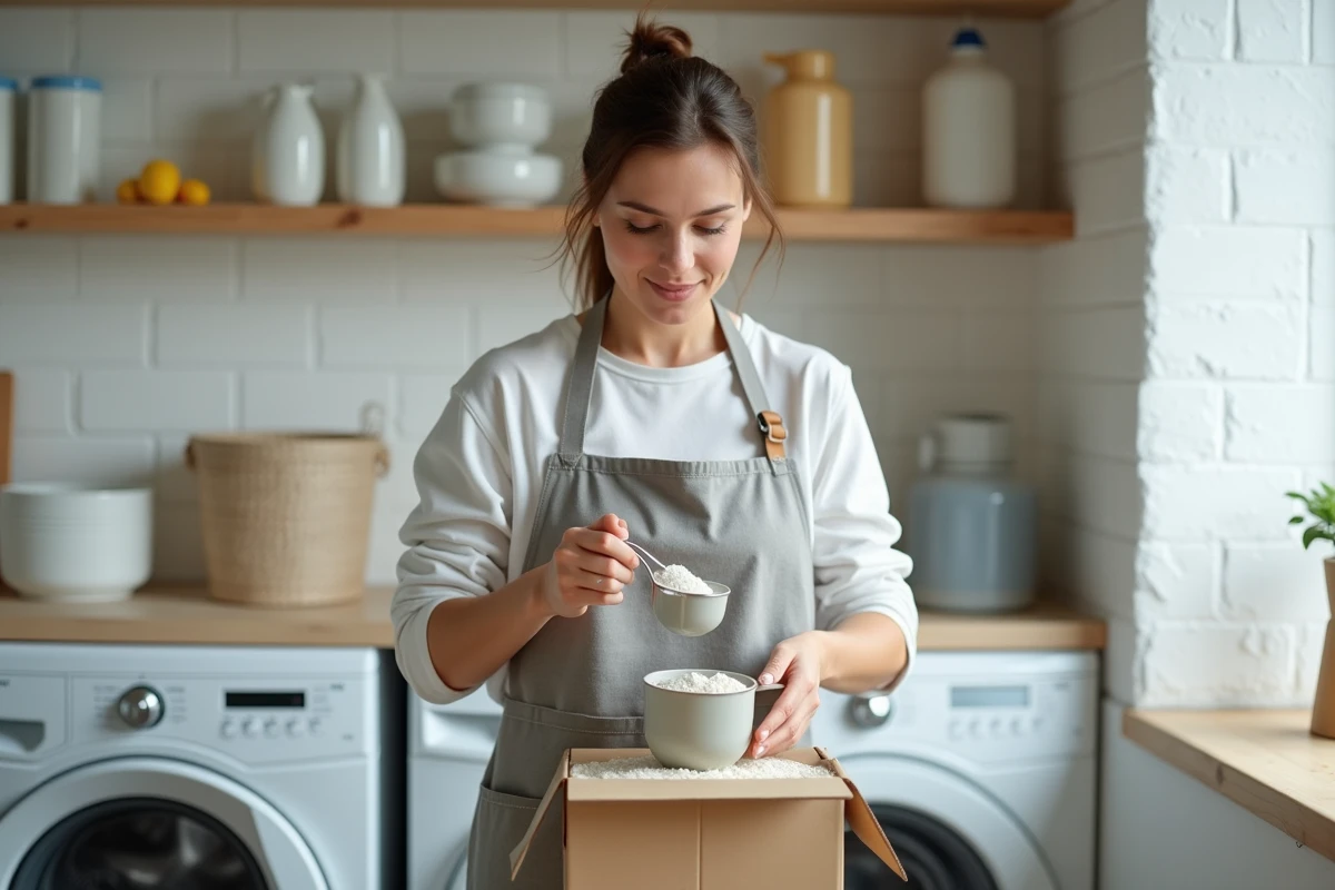Femme versant de la lessive en poudre dans une dosette dans une buanderie moderne et bien rangée