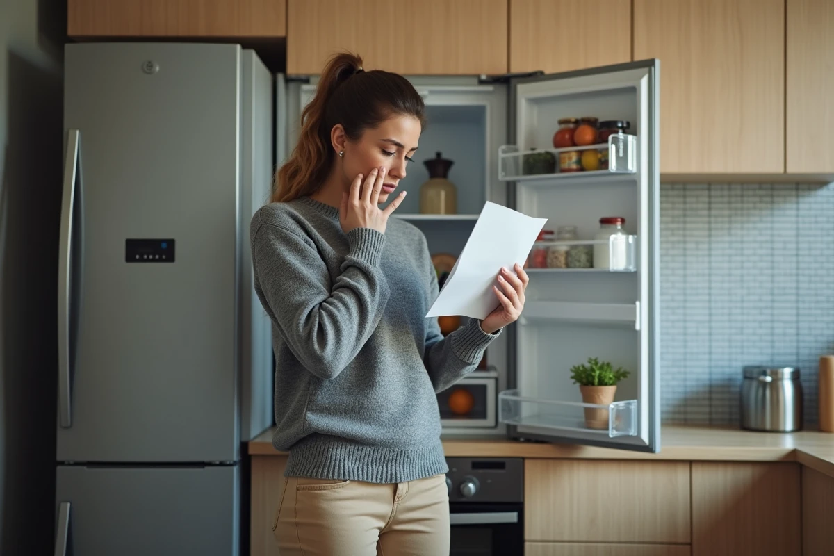 Jeune femme regardant un manuel de réparation près du frigo