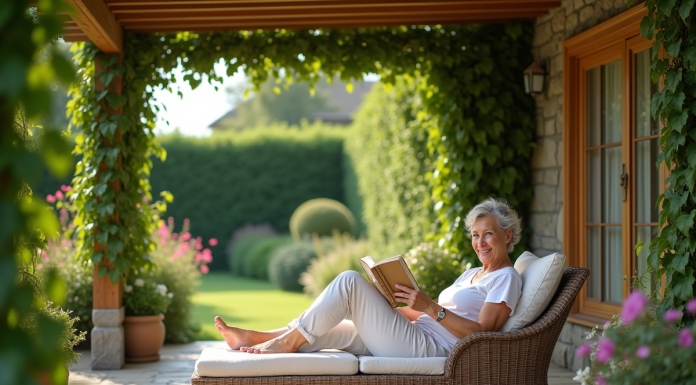 Pergola : astuces pour rester au frais sous votre tonnelle ! Femme d'âge moyen lisant sous une pergola verte dans le jardin