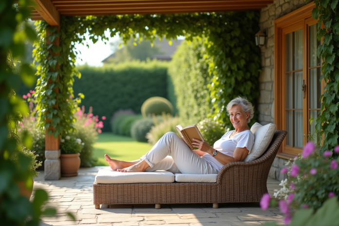 Femme d'âge moyen lisant sous une pergola verte dans le jardin