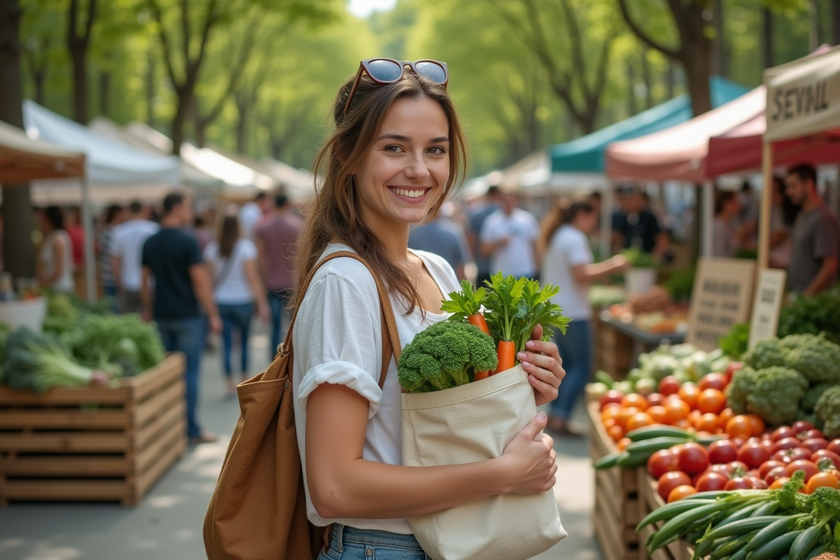 Jeune femme choisissant des légumes bio au marché