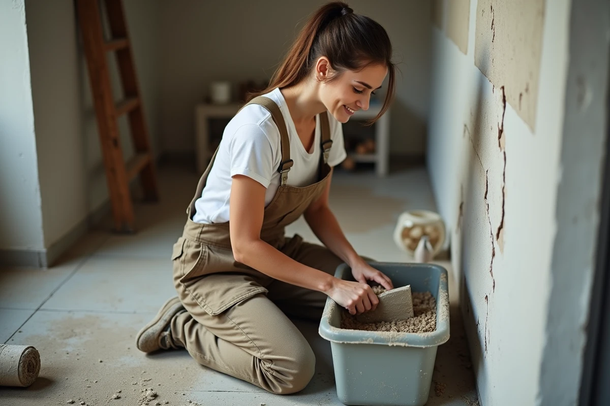 Femme mélangeant du mortier dans un intérieur