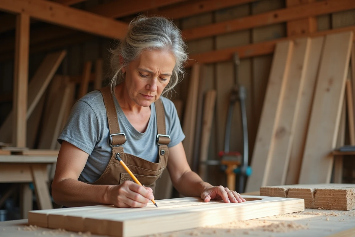 Femme menuisiere mesurant un panneau en bois dans son atelier lumineux