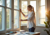 Femme souriante mesurant une fenêtre décorative dans un salon lumineux