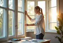 Femme souriante mesurant une fenêtre décorative dans un salon lumineux