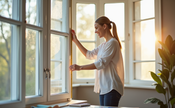Comment réussir le calcul de la largeur du rideau pour un résultat parfait Femme souriante mesurant une fenêtre décorative dans un salon lumineux