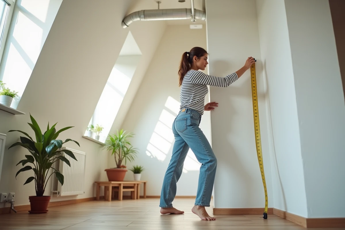Jeune femme mesurant un mur en intérieur lumineux