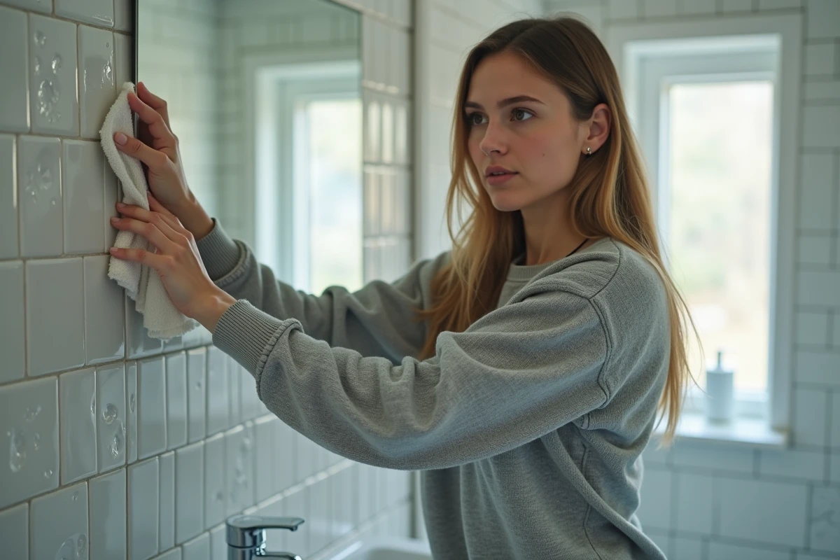 Jeune femme essuie un mur de salle de bain avec un chiffon