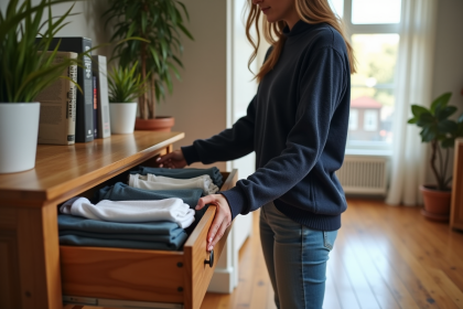Femme rangeant un tiroir de commode dans une chambre lumineuse