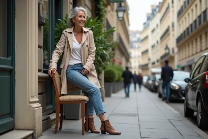 Femme parisienne en trench et jeans dehors