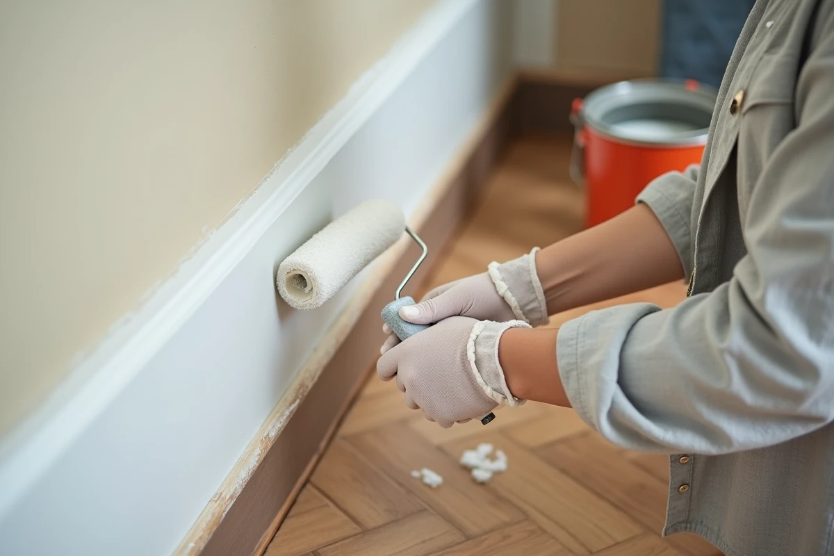 Femme rénovant une plinthe en bois avec de la peinture blanche par-dessus une lasure foncée dans un salon en cours de travaux