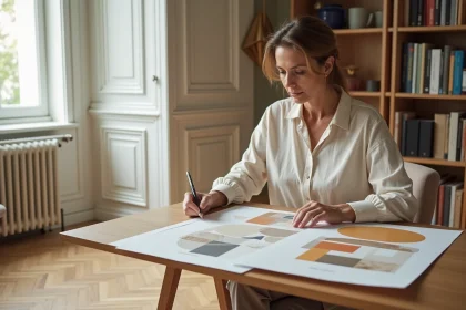 Femme consultant des planches d'inspiration pour repenser la décoration intérieure de son appartement parisien