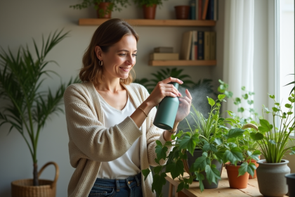 Femme d'âge moyen arrosant des plantes vertes dans un salon lumineux