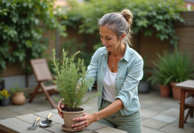 Romarin: éloigne-t-il les rats ? Découvrez son efficacité et conseils pratiques Femme plantant du romarin en pot dans son jardin