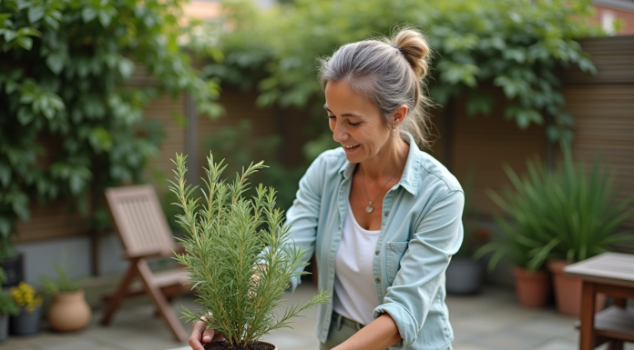 Romarin: éloigne-t-il les rats ? Découvrez son efficacité et conseils pratiques Femme plantant du romarin en pot dans son jardin