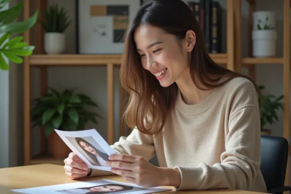 Femme examinant un portrait imprimé dans un bureau minimaliste