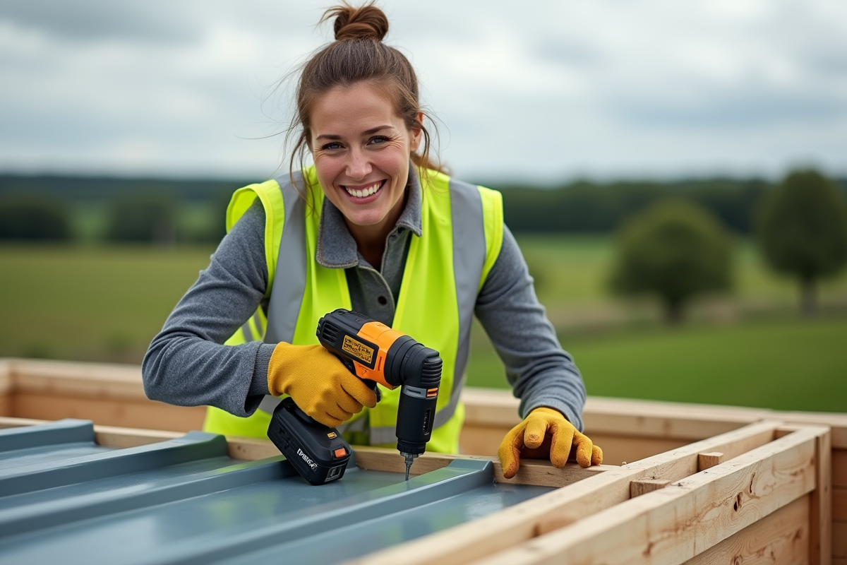 Femme en gilet haute visibilité pose des plaques métalliques