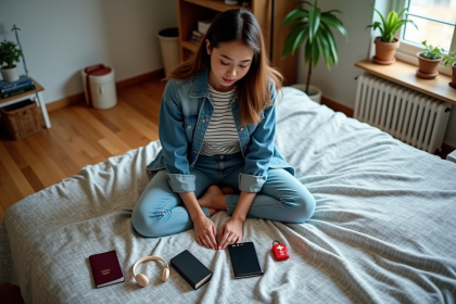 Jeune femme prépare ses essentiels de voyage sur le lit