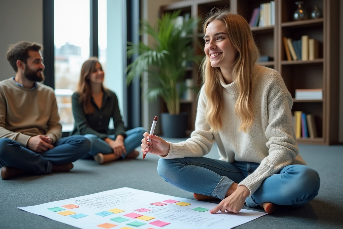 Jeune femme expliquant avec un marqueur en réunion