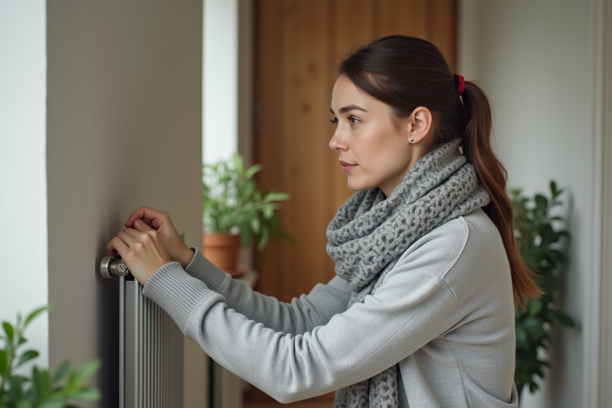 Jeune femme ajustant un radiateur moderne dans un couloir