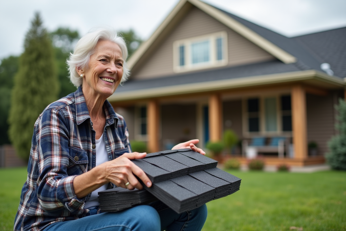 Femme souriante avec des tuiles neuves devant sa maison