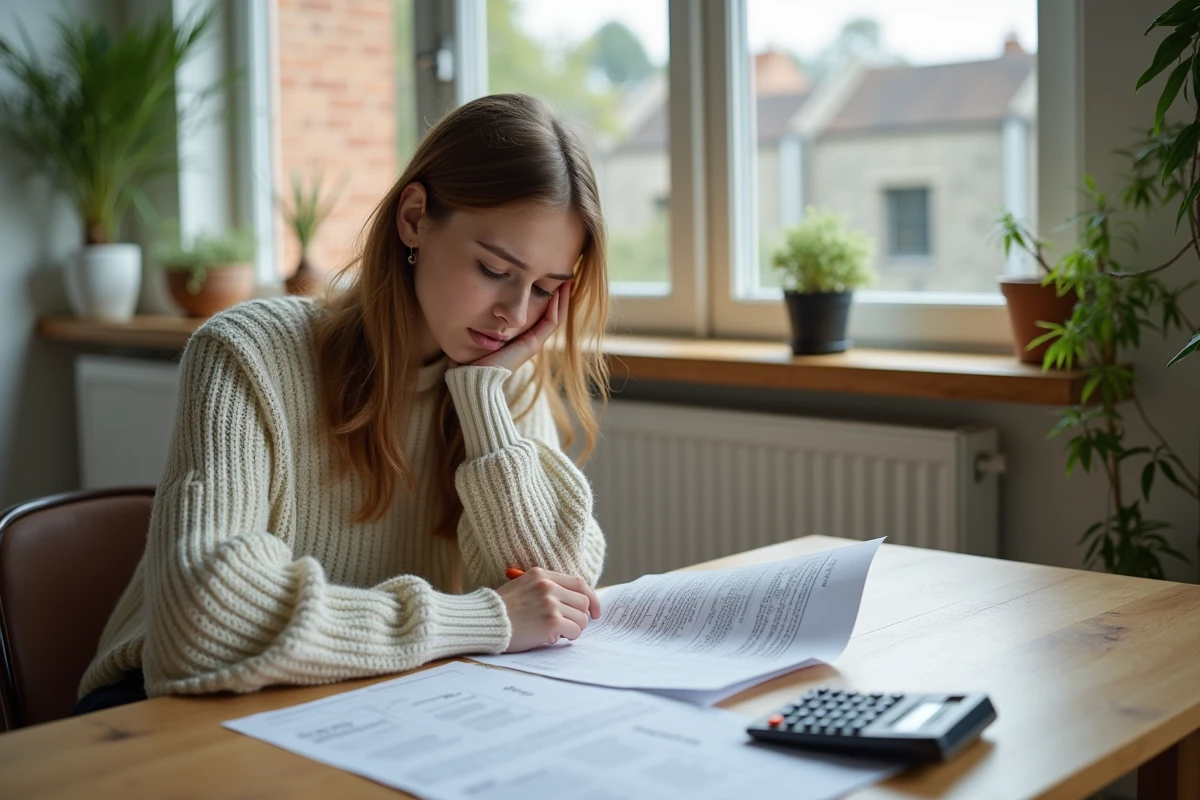 Femme regardant factures de renovation dans la cuisine