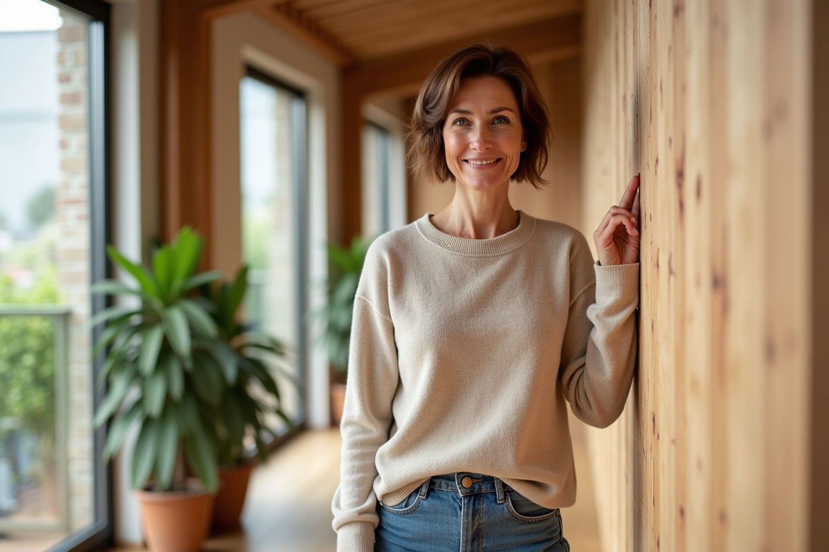 Femme dans une pièce rénovée touchant un mur isolé en bois