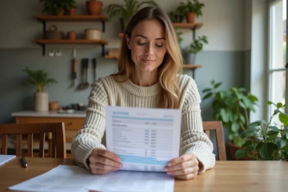 Femme en intérieur examinant des devis de rénovation