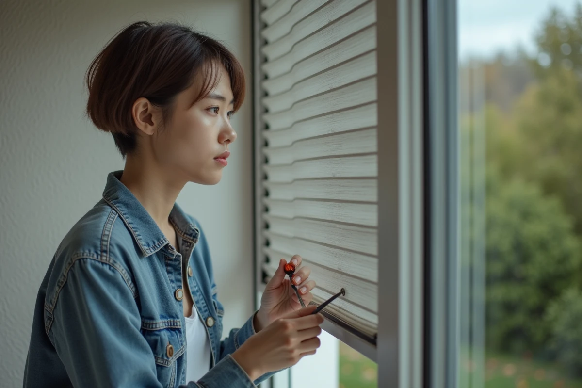 Jeune femme répare un volet roulant extérieur