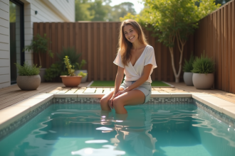 Femme souriante en été au bord d'une petite piscine moderne