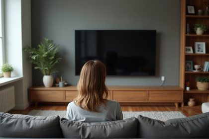 Femme assise sur un canapé moderne regardant la télévision