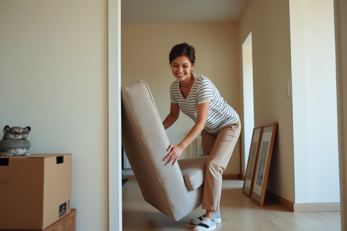 Une femme souriante déplace un canapé dans un couloir lumineux