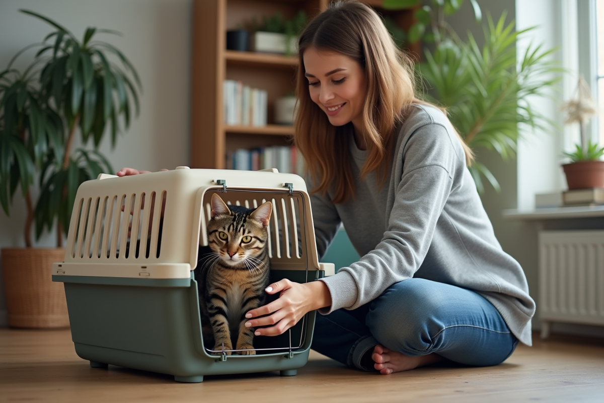 Jeune femme déposant un chat dans une cage de transport