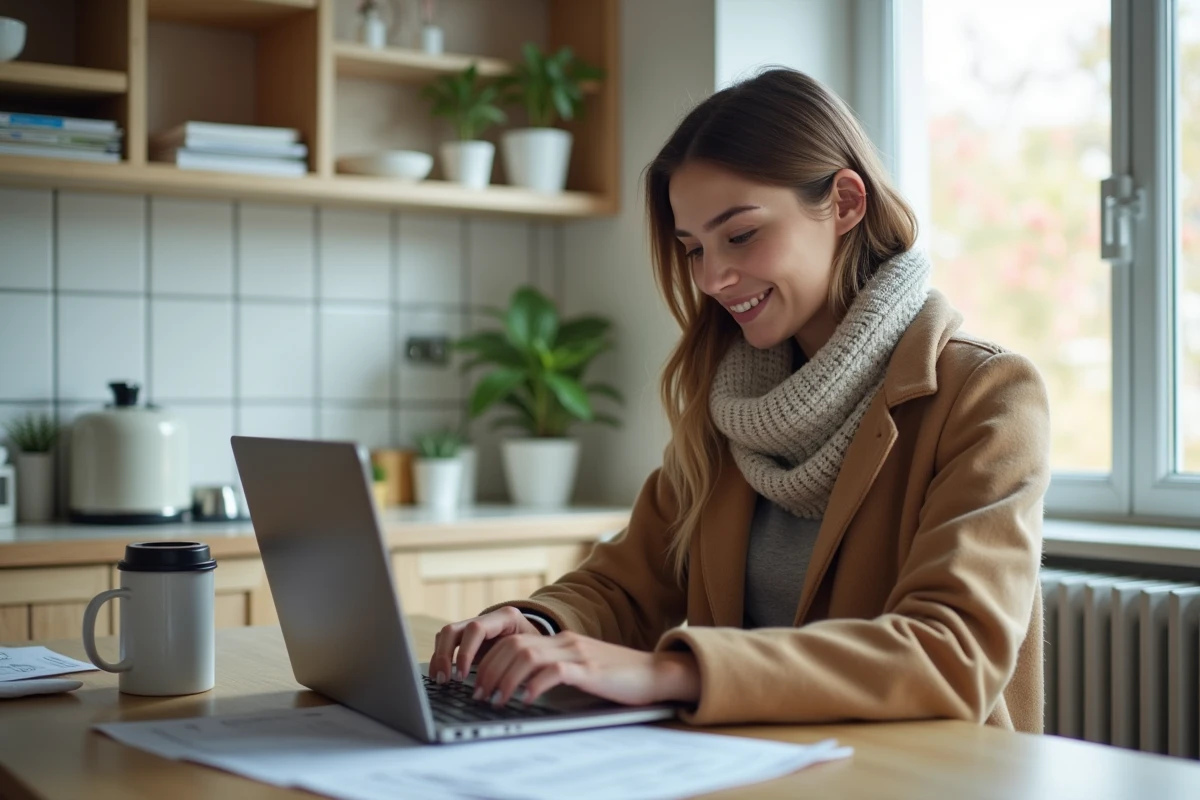 Femme travaillant sur son ordinateur dans la cuisine
