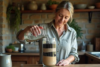 Femme filtrant de l'eau de pluie à travers un système de filtration multicouche charbon-sable dans une cuisine rustique