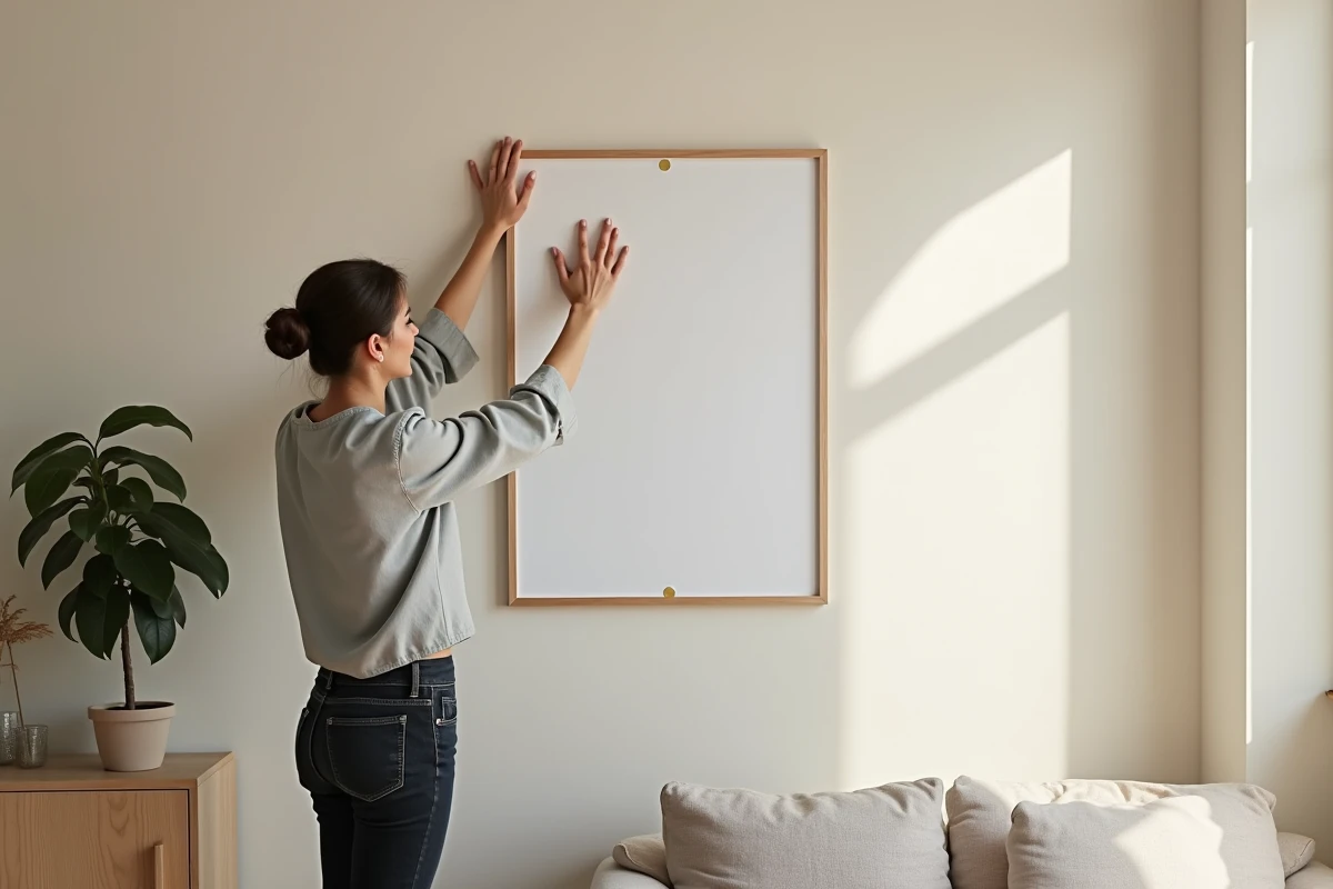 Femme fixant un cadre au mur sans clou grâce à la colle Ni Vis Ni Clou dans un salon moderne