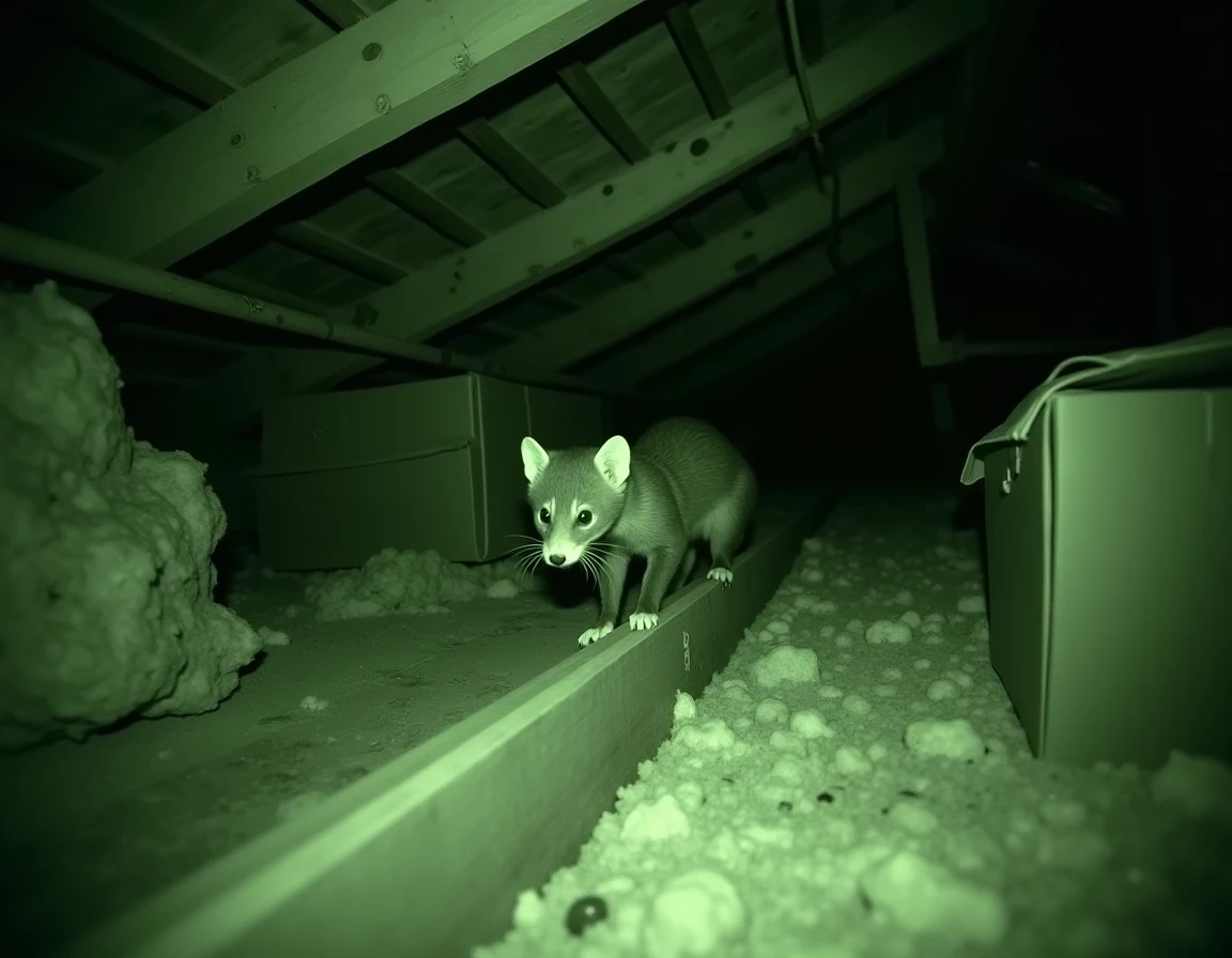 Fouine filmée par caméra de surveillance dans un grenier avec câbles électriques