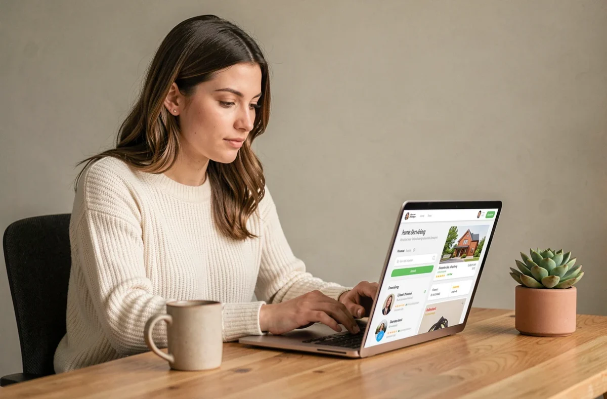 Jeune femme utilisant la plateforme numérique Fryvy sur un ordinateur portable pour trouver un service de ménage à domicile