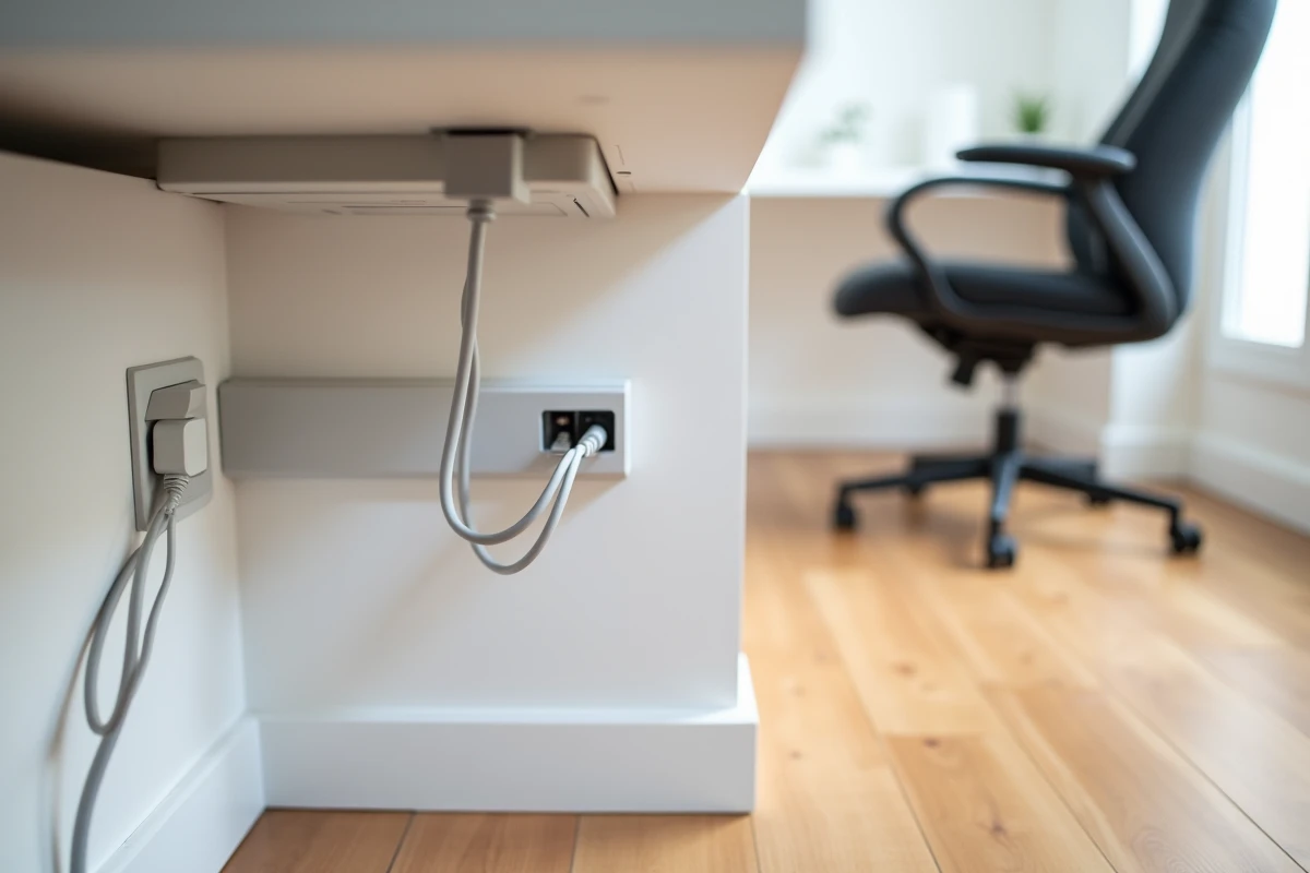 Goulotte blanche avec prise intégrée fixée en plinthe pour ranger les câbles dans un bureau moderne
